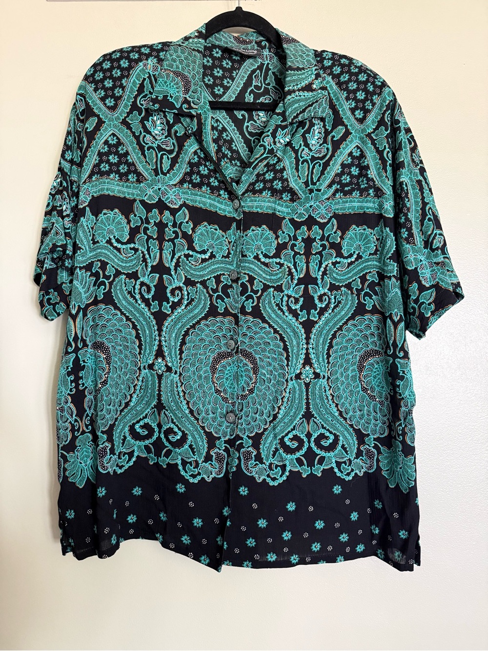 Vintage Carole Little Black & Teal Paisley Blouse Size XL/1X
